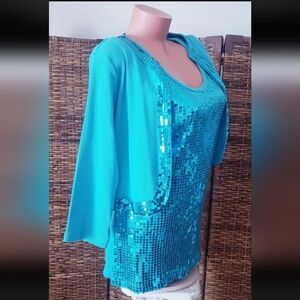 2 Pc Vintage Denim 24/7 Blue Sequin Shine Ribbed Stretchy Y2K Shirt Shrug Sz M